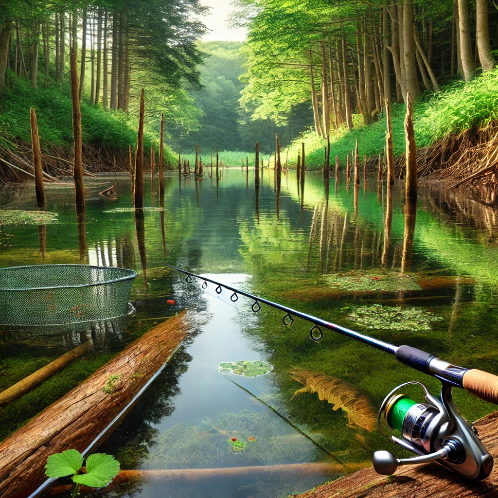 A wild pond in Japan with clear visible fishing points, such as shaded areas, submerged logs, and flow inlets. The scene highlights the strategic locations for bass fishing, with a fishing rod placed near the shore and calm water reflecting the surrounding greenery.