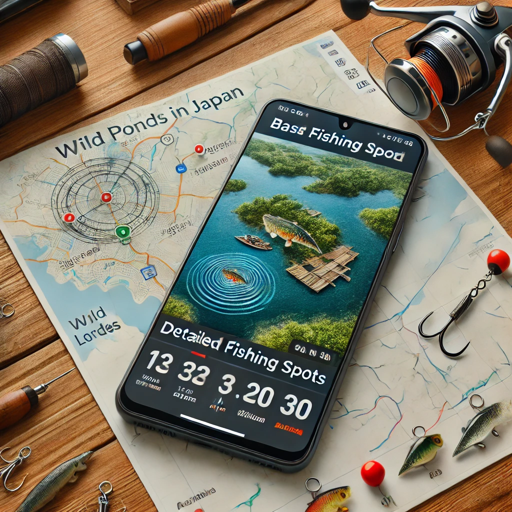 A modern fishing app interface on a smartphone, showing detailed bass fishing spots at wild ponds in Japan. The screen highlights location markers, detailed fishing conditions, and catch reports. The phone is placed on a wooden surface beside fishing lures and a map for a realistic setup.