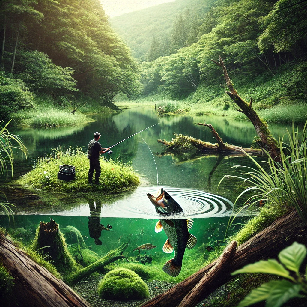 A peaceful wild pond in Japan, surrounded by natural greenery, with a fisherman actively reeling in a bass using a rod. The scene emphasizes the secrets of successful bass fishing, with hints of ideal fishing spots like submerged logs and shaded areas visible in the background.