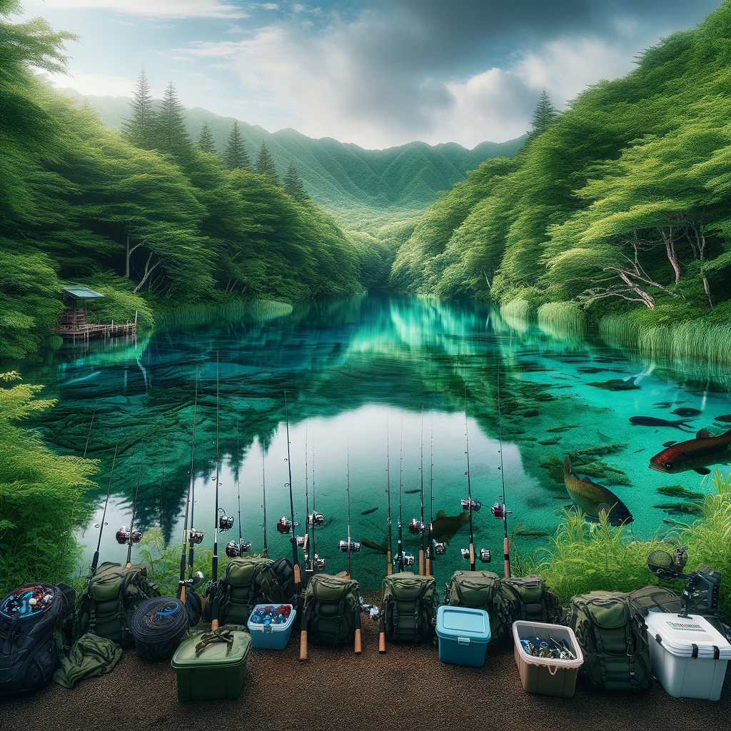 A renowned wild pond in Japan, considered a sacred spot for bass fishing enthusiasts, featuring crystal-clear water surrounded by lush greenery. The pond is tranquil, with fishing gear neatly placed on the shore, showcasing its reputation as a prime location for catching large bass.