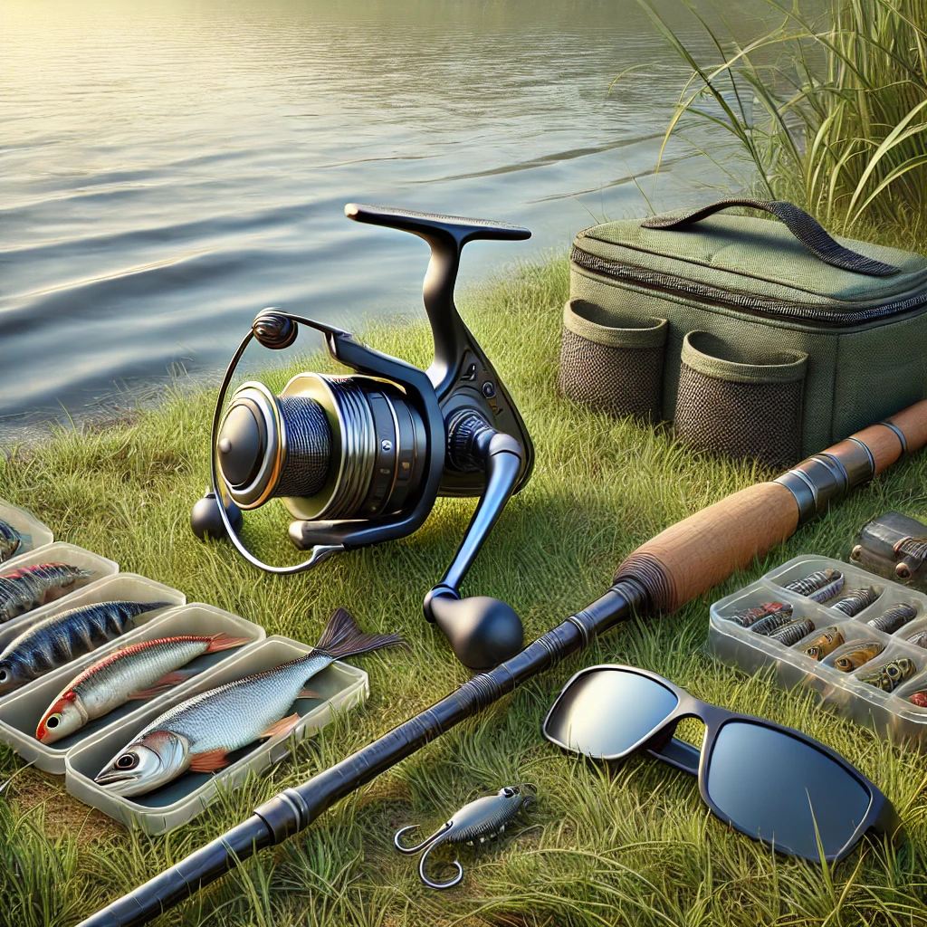 A realistic illustration of a beginner-friendly spinning rod and reel combo placed on a grassy riverbank. Next to it are a pair of polarized sunglasses, a compact tackle bag, and a small selection of lightweight lures arranged neatly. A calm river with gentle ripples flows in the background, creating a peaceful fishing atmosphere.