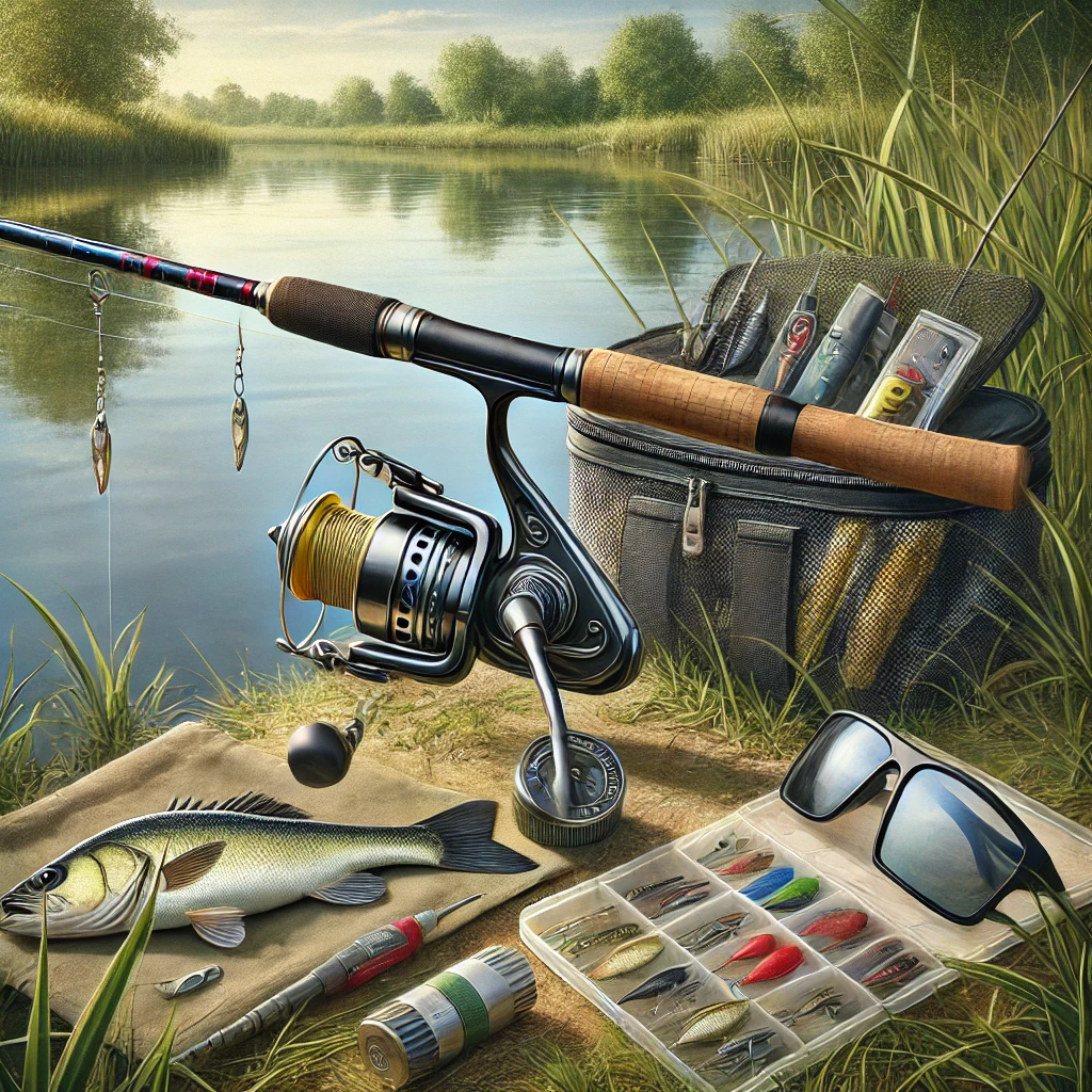 A realistic and detailed illustration of a beginner's fishing setup for bass fishing. The image features a spinning rod and reel set up with lightweight lures, a small tackle bag, polarized sunglasses, and a folding measuring tape placed near a pond with calm water and grassy banks. The equipment is neatly arranged, with a focus on clarity and detail. Natural outdoor lighting with a serene setting.