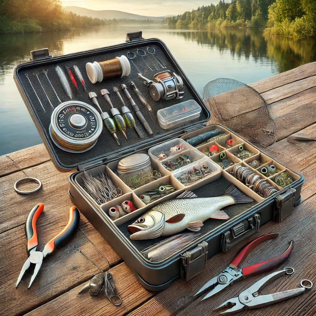 A realistic and detailed image showing a tackle box for beginner bass fishing, filled with lightweight lures, hooks, and a small spool of fishing line. Next to the box are essential tools like pliers, a line cutter, and a small net. The setup is displayed on a wooden dock near a scenic lake surrounded by trees, with a calm and inviting atmosphere.