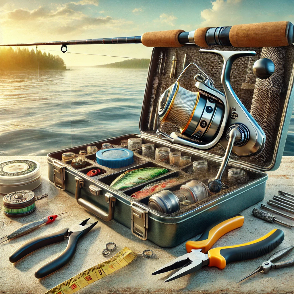 A highly detailed and realistic image of fishing tools for beginner bass fishing. The layout includes a spinning rod and reel, a folding measuring tape, a tackle box with lures, pliers, and a line cutter. The background shows a sunny lakeside setting with gentle waves and distant trees, providing an inviting environment for fishing.