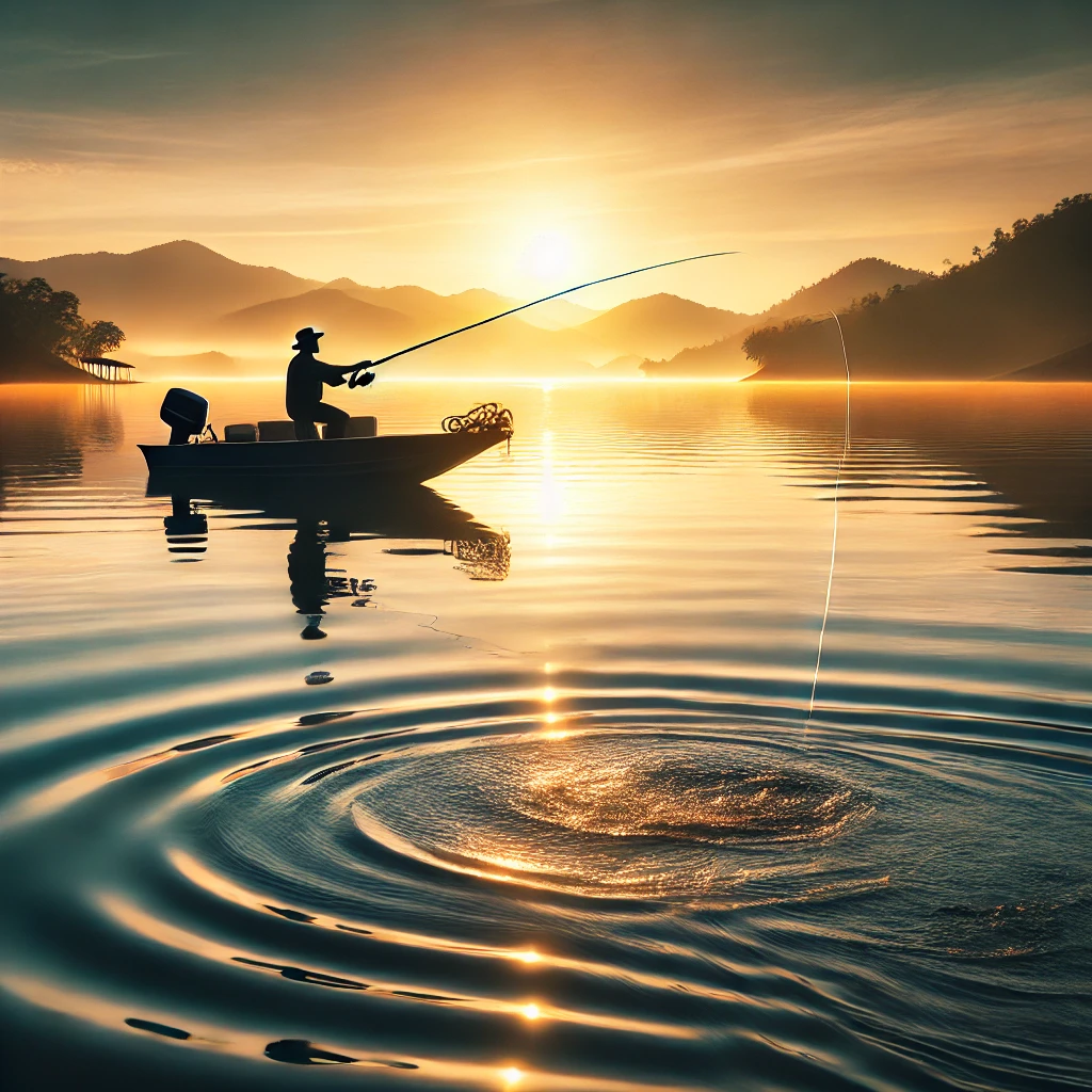 A serene lake with a fisherman casting a line from a small boat during sunrise, symbolizing the allure and tranquility of bass fishing, with gentle ripples on the water and distant mountains in the background.