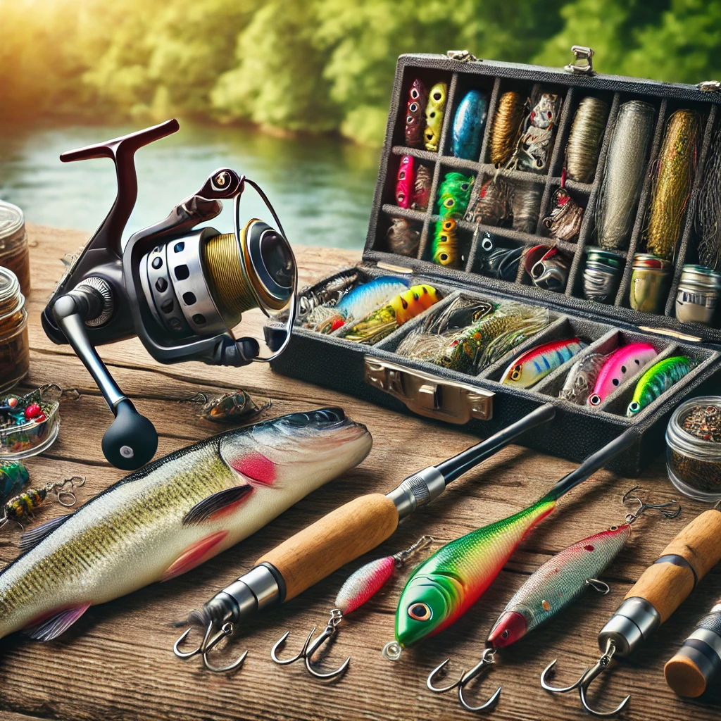 A neatly arranged set of fishing gear, including a spinning rod, reel, fishing line, various colorful lures, and a tackle box, all placed on a wooden surface with a natural outdoor background, representing essential bass fishing equipment.