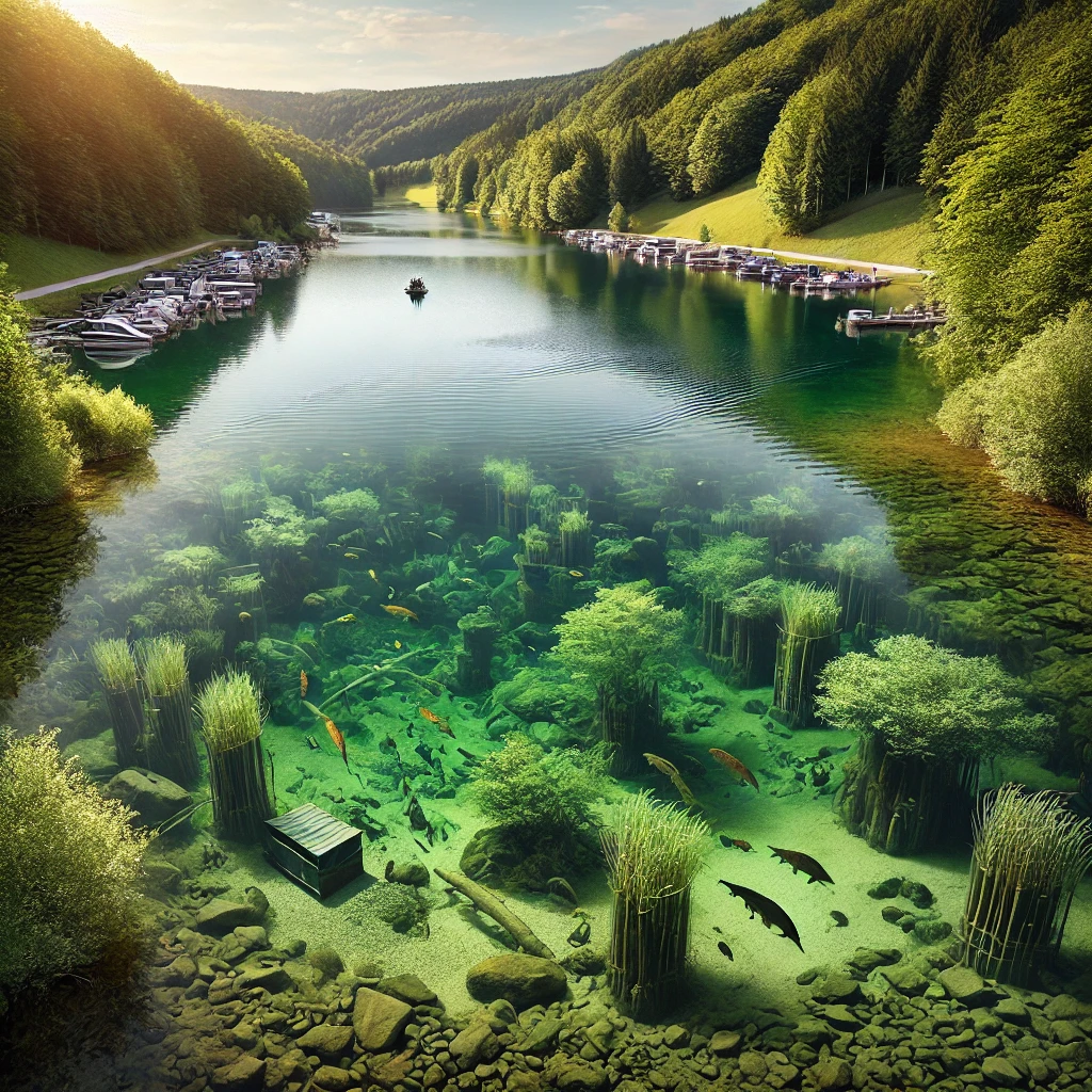 A picturesque view of a fishing location with a clear lake, surrounded by lush greenery, and visible underwater structures like rocks and submerged logs, highlighting ideal bass fishing spots and understanding the habitat.