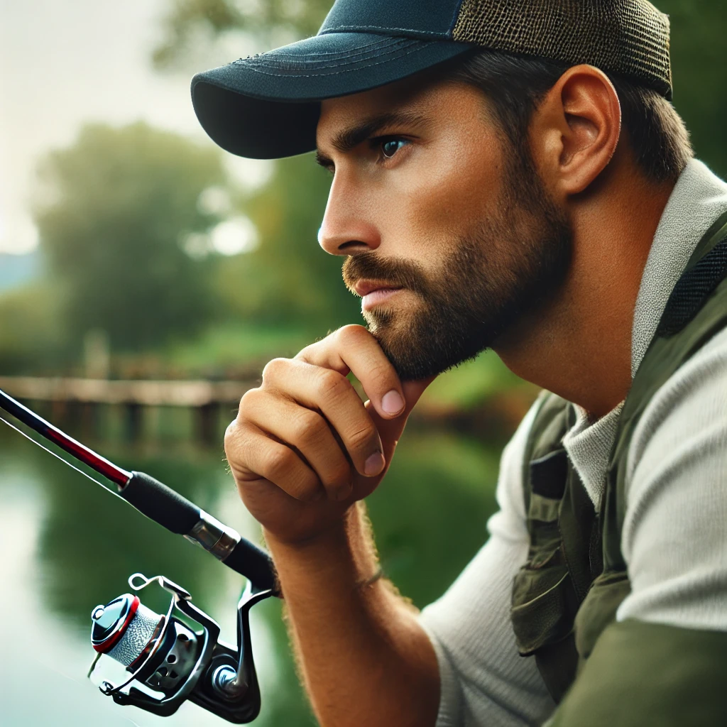 A motivated angler thoughtfully planning their next cast, with a focused expression, set in a tranquil environment, symbolizing a mindset geared toward improving fishing results and enjoying the process.