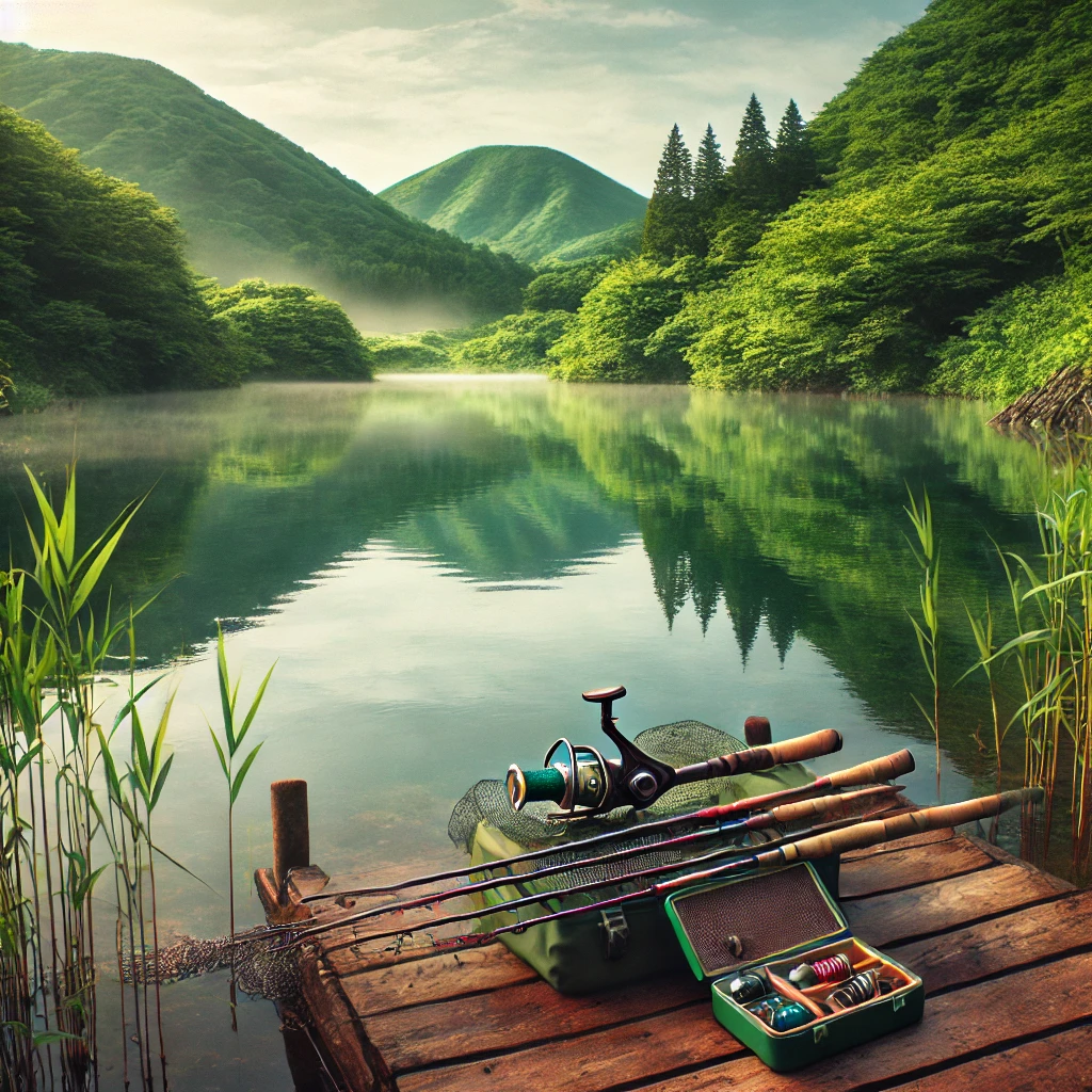 A serene wild pond in Japan, ideal for bass fishing, surrounded by natural greenery and gentle hills. The pond's surface reflects the surrounding environment, with fishing equipment like a rod and a tackle box placed neatly on the shore. A calm and inviting atmosphere perfect for illustrating the joys of fishing at a wild pond.