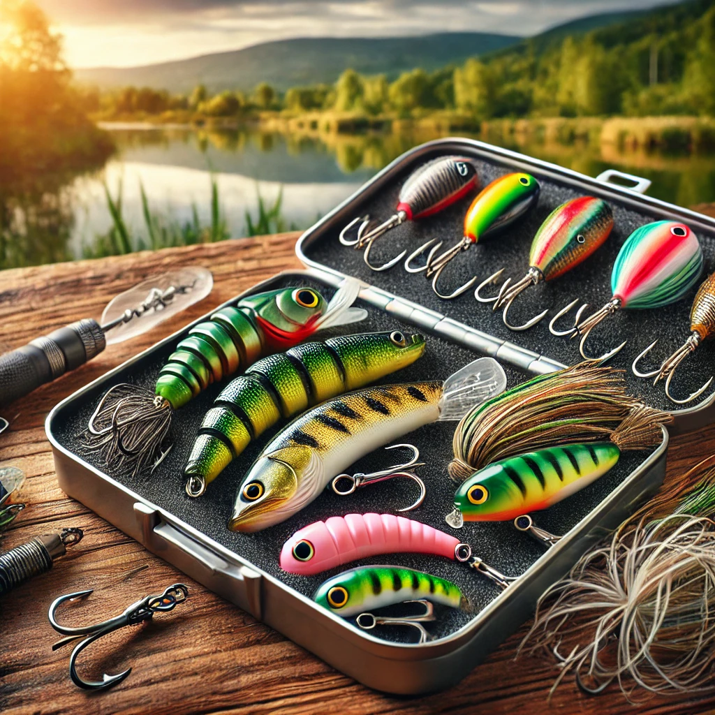 A set of compact fishing lures ideal for bass fishing in wild ponds, including topwater lures, soft plastic worms, and spinnerbaits. The lures are displayed on a wooden surface with a scenic background of a wild pond, showcasing their usability for different fishing situations.