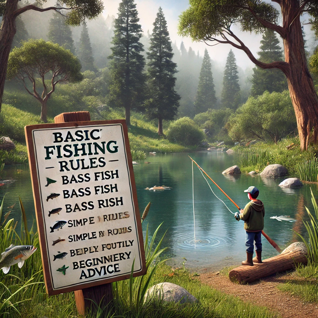 A serene scene at a wild pond with a beginner fisherman learning to bass fish, using simple fishing gear. The pond is surrounded by trees and natural greenery, creating a calm and welcoming atmosphere. A sign near the shore lists basic fishing etiquette and rules, emphasizing beginner-friendly advice.