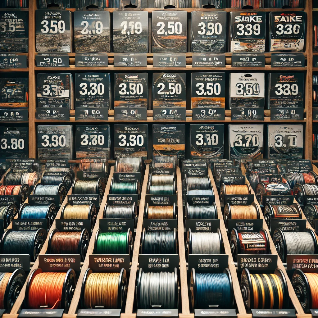 A realistic photograph of a variety of fishing lines displayed in a shop, with signs highlighting their cost and features, emphasizing budget-friendly options for bass fishing.