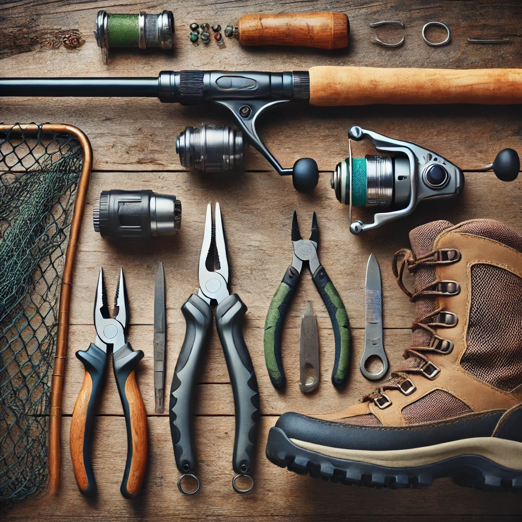 Five essential fishing tools displayed on a wooden surface: pliers, a compact net, lightweight wading boots, a rod holder, and a line cutter, emphasizing their practical utility for comfortable bank fishing.