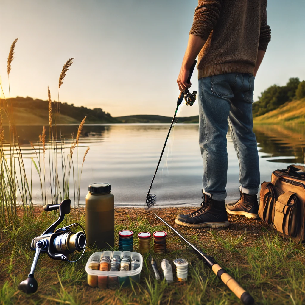 A beginner fisherman standing on a flat, grassy shoreline of a calm lake, with essential fishing gear and safety equipment, demonstrating proper preparation and safe practices for starting bank fishing.