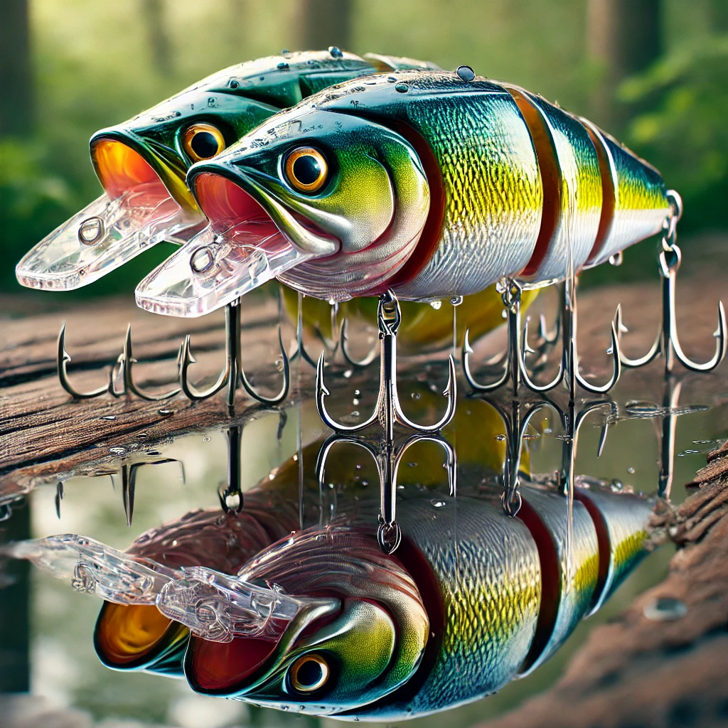 A hyper-realistic image depicting bass fishing lures known as 'rule-breaking' or 'game-changing,' featuring innovative and eye-catching designs with reflective surfaces and lifelike details, arranged against a natural outdoor setting. No text in the image.