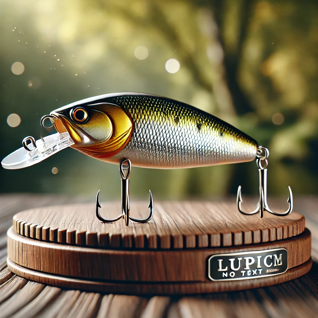 A realistic image showcasing a premium bass fishing lure with intricate details and high-quality finish, displayed elegantly on a wooden platform with a blurred natural background, highlighting luxury and performance. No text in the image.