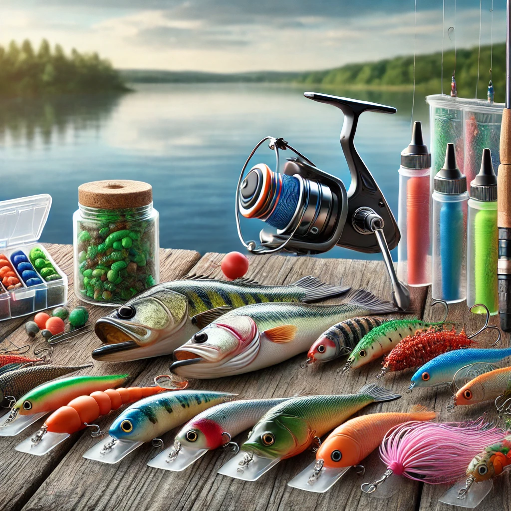 A realistic depiction of an affordable and effective bass fishing setup for beginners, including a variety of vibrant lures and soft plastic baits arranged neatly on a wooden pier by a serene lake. No text in the image.