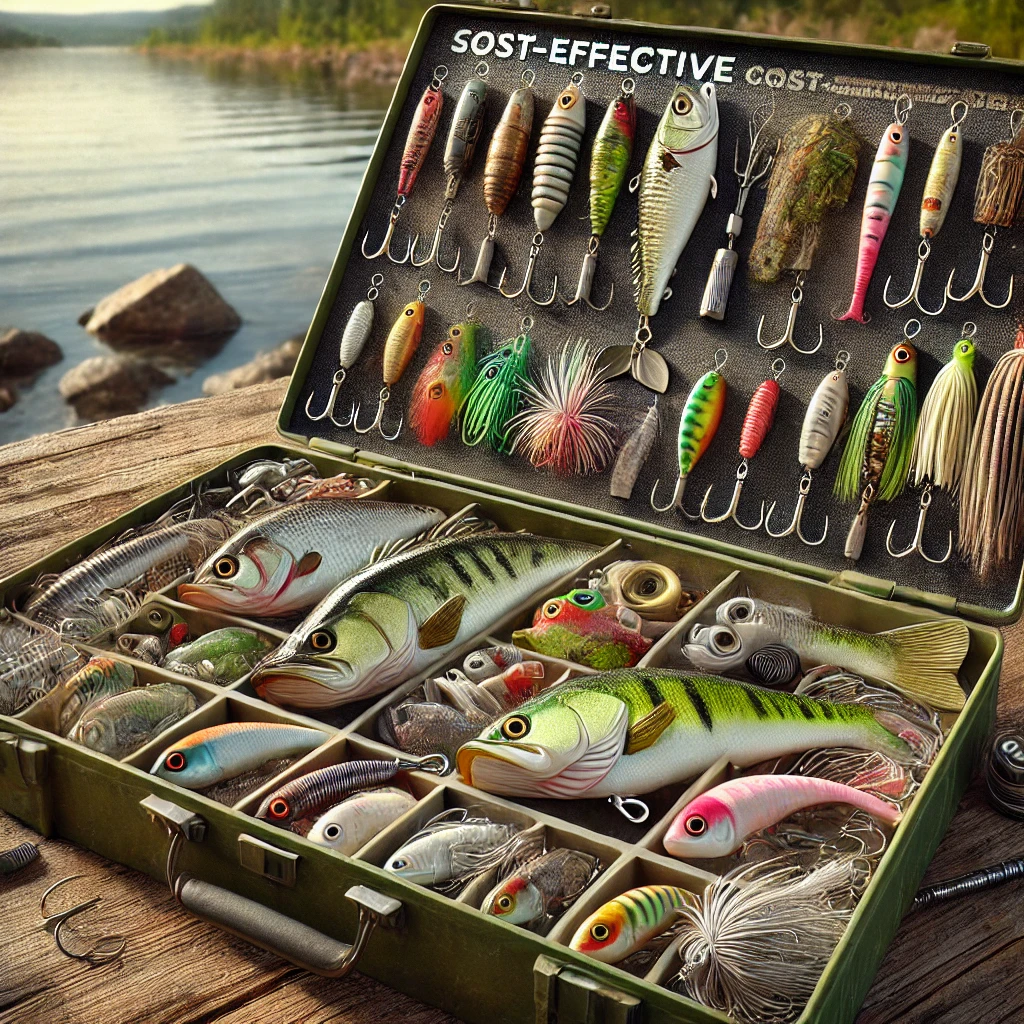 A realistic depiction of a top-ranked cost-effective bass fishing lure set, showcasing a diverse selection of crankbaits, spinnerbaits, and soft plastic worms, all arranged neatly on a fishing box outdoors by a lake. No text in the image.