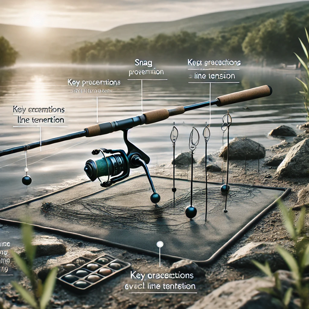 A realistic depiction of a fishing scenario where key precautions for using a Downshot Rig are demonstrated. The scene includes a fishing setup with a rod, line, and rig near a rocky lake. Highlighted are visual tips for snag prevention and effective line tension. Natural lighting enhances clarity.