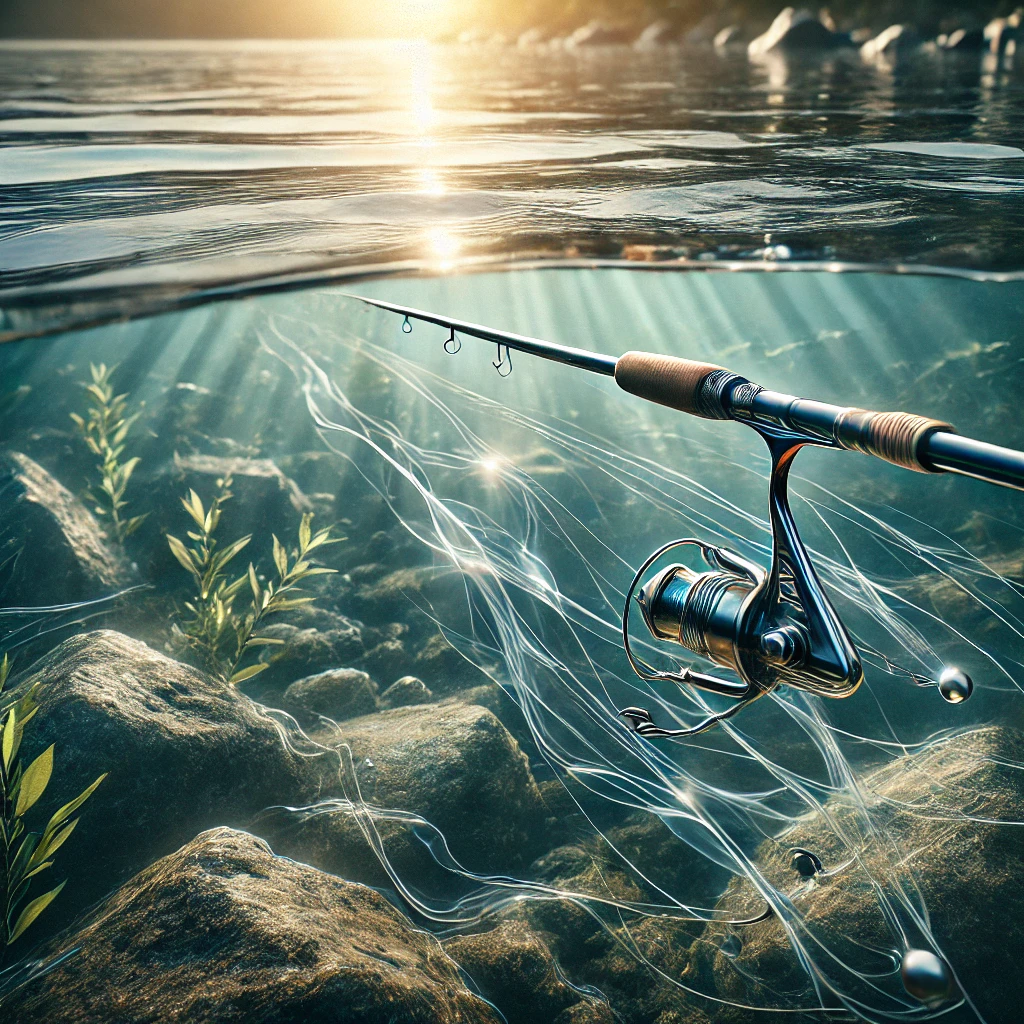 A realistic image of a fishing rod demonstrating effective Downshot Rig actions in the water. The image highlights the subtle movements of the rig in clear, shallow water with sunlight reflections. Rocks and vegetation are visible, showcasing an ideal setting for fishing with this technique.