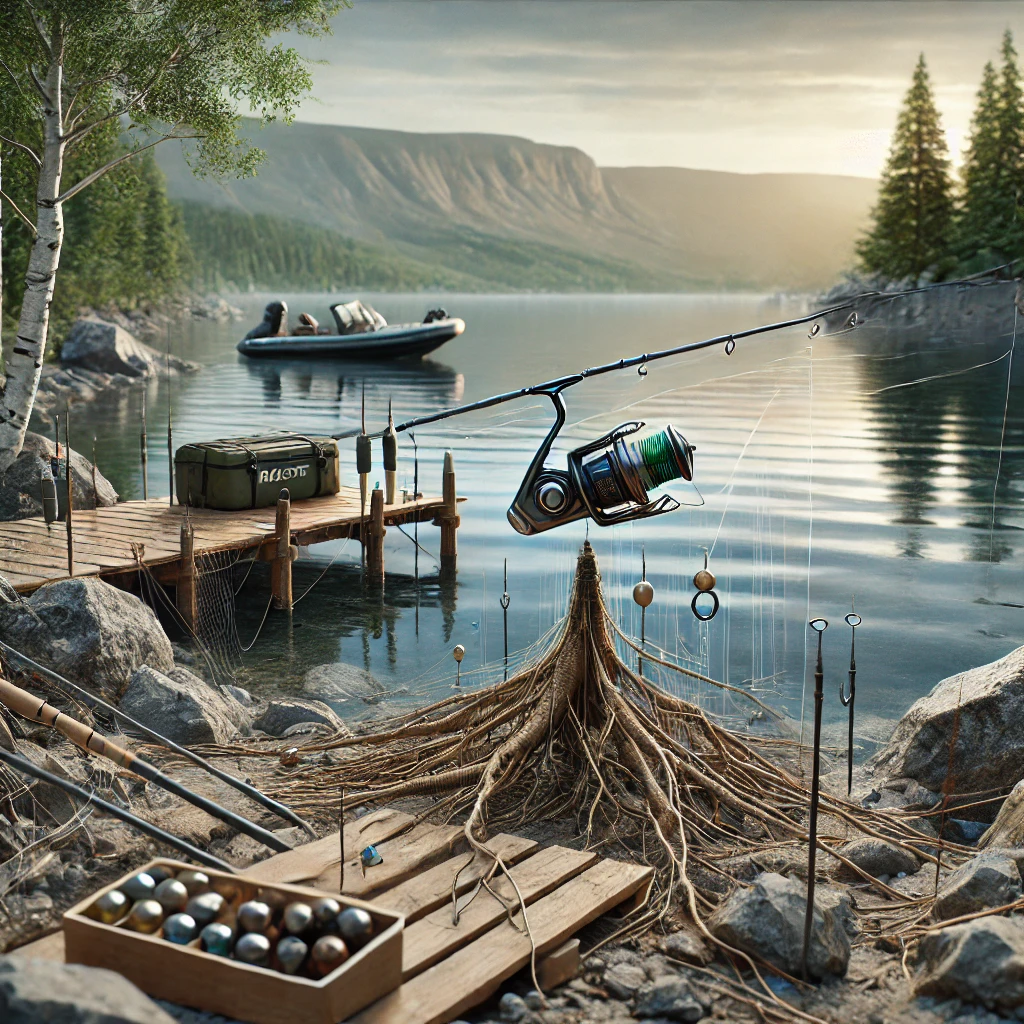 A realistic scene showcasing effective root snag prevention techniques while using the Downshot Rig. The image includes a fishing setup near rocky terrain by a lake, demonstrating careful rig adjustment. The backdrop is a serene natural environment with trees and water.