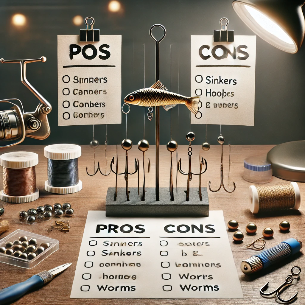 A realistic image illustrating the advantages and disadvantages of using the Downshot Rig. The image includes a fishing setup on a table with notes or cards listing pros and cons beside the rig components (sinkers, hooks, worms). The setting is well-lit and designed for clarity.