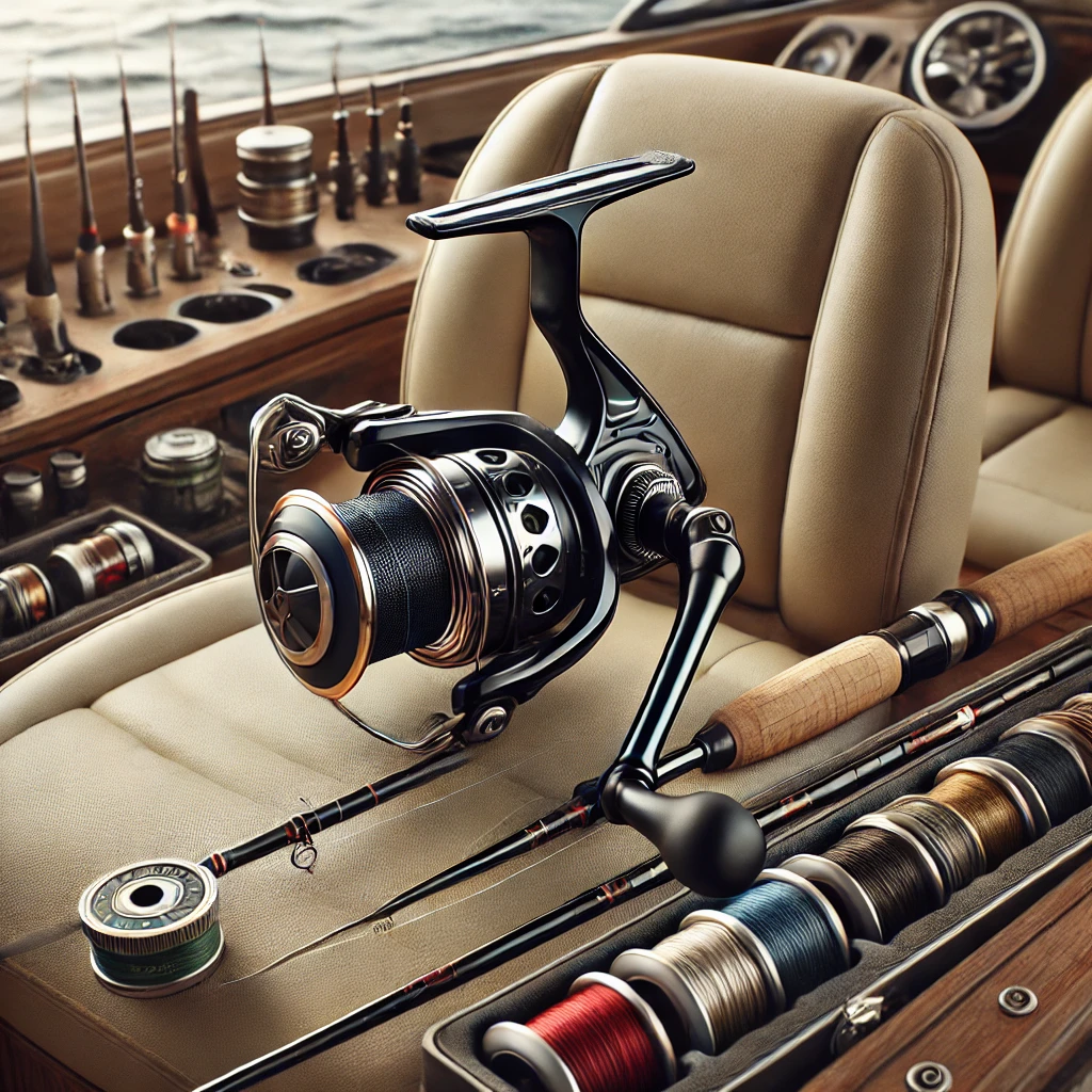 A realistic photograph of a fishing reel and rod combo placed on a boat seat, showing organized fishing lines nearby for bass fishing.