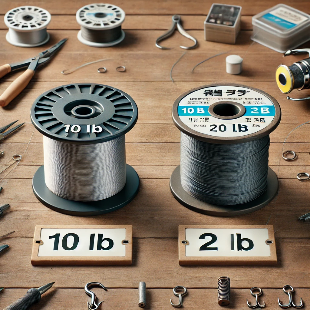 A realistic image for 'ポンドや号どう違うの？': A comparison graphic featuring a fishing line spool labeled with '10 lb' alongside another spool labeled '2号.' Both spools are placed on a wooden table with fishing accessories like hooks and pliers in the background. The lines extend slightly to show their relative thicknesses.