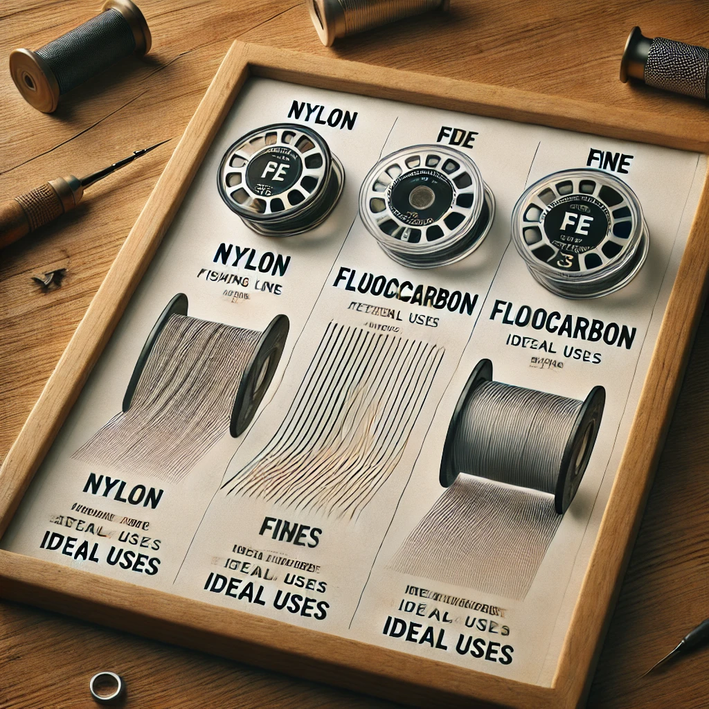 A realistic photograph of a fishing line comparison chart showing nylon, fluorocarbon, and PE lines, labeled with their features and ideal uses for bass fishing, placed on a clean wooden surface.