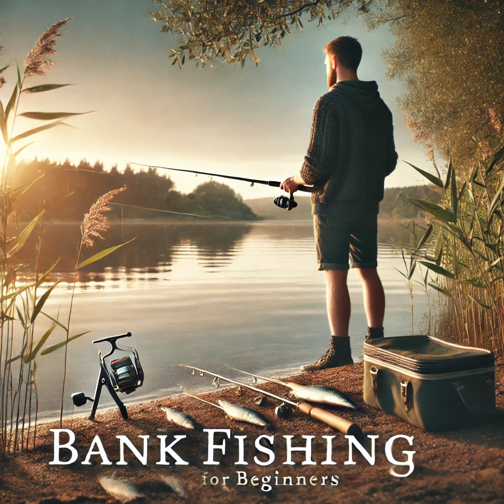 A serene lakeside scene showing a person fishing from the shore, representing a calm, introductory view of bank fishing. The person is casually dressed, surrounded by nature, with fishing gear placed neatly on the ground, capturing the peaceful essence of bank fishing for beginners.