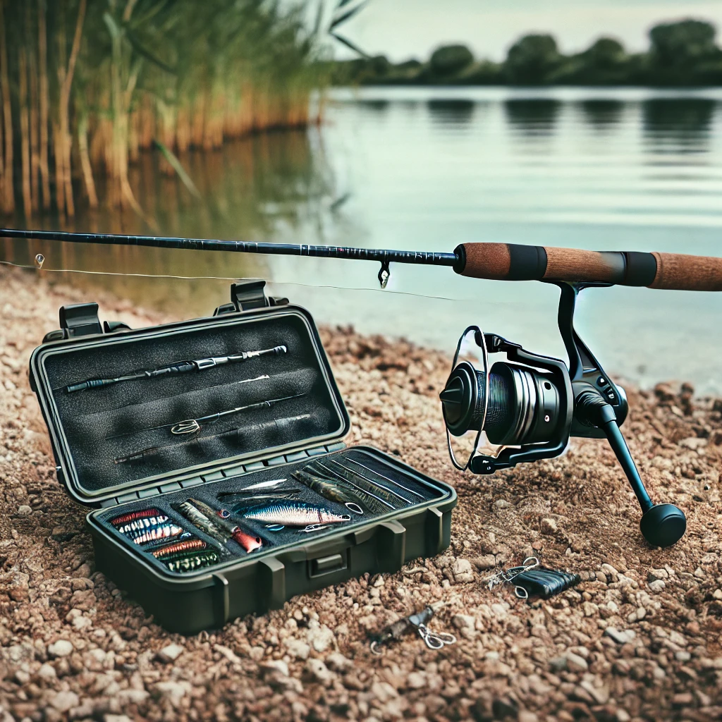 A compact fishing gear setup on the ground by a lakeside, including a lightweight tackle box, minimal lures, and a single fishing rod, illustrating the importance of reducing equipment for ease of movement in bank fishing.