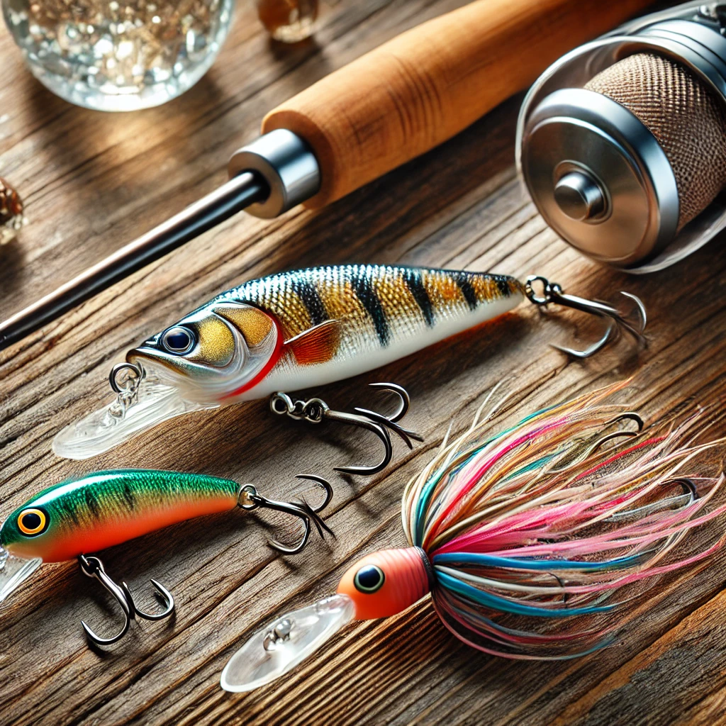 A close-up of three fishing lures: a spinnerbait, a vibration bait, and a soft plastic swimbait, displayed on a wooden surface near a fishing rod, showcasing ideal choices for bank fishing to catch a variety of fish.