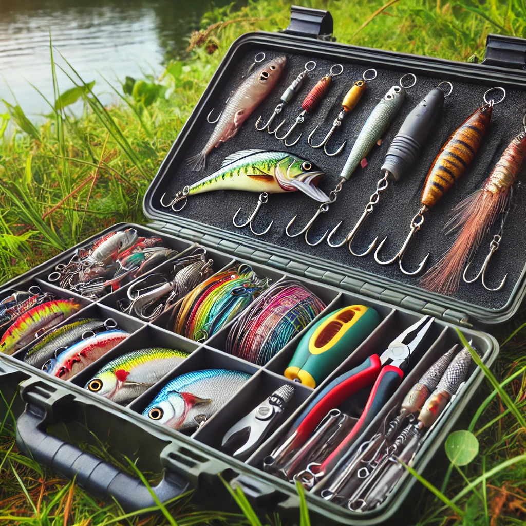 A compact tackle box with various fishing lures, hooks, and pliers neatly organized on a grassy lakeside, ideal for bank fishing enthusiasts looking for efficient equipment management.