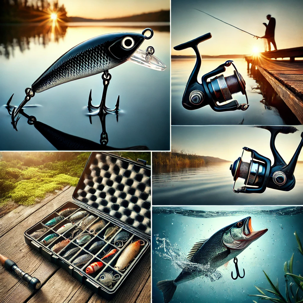 1. A close-up of a black fishing lure with a reflective water background, showcasing its silhouette and design in a natural fishing setting. 2. A tackle box with various fishing lures, with a prominently displayed black lure, placed near a lake on a sunny day. 3. An underwater view of a black fishing lure, emphasizing its clear silhouette and visibility in murky water. 4. A fishing rod and reel setup with a black lure attached, placed on a pier overlooking a calm river during sunrise. 5. An action shot of a fish leaping out of water towards a black fishing lure, showing the lure's effectiveness in a vibrant, natural setting.