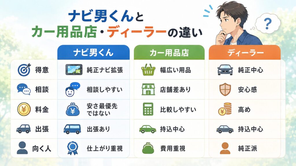 ナビ男くんとカー用品店・ディーラーの違い