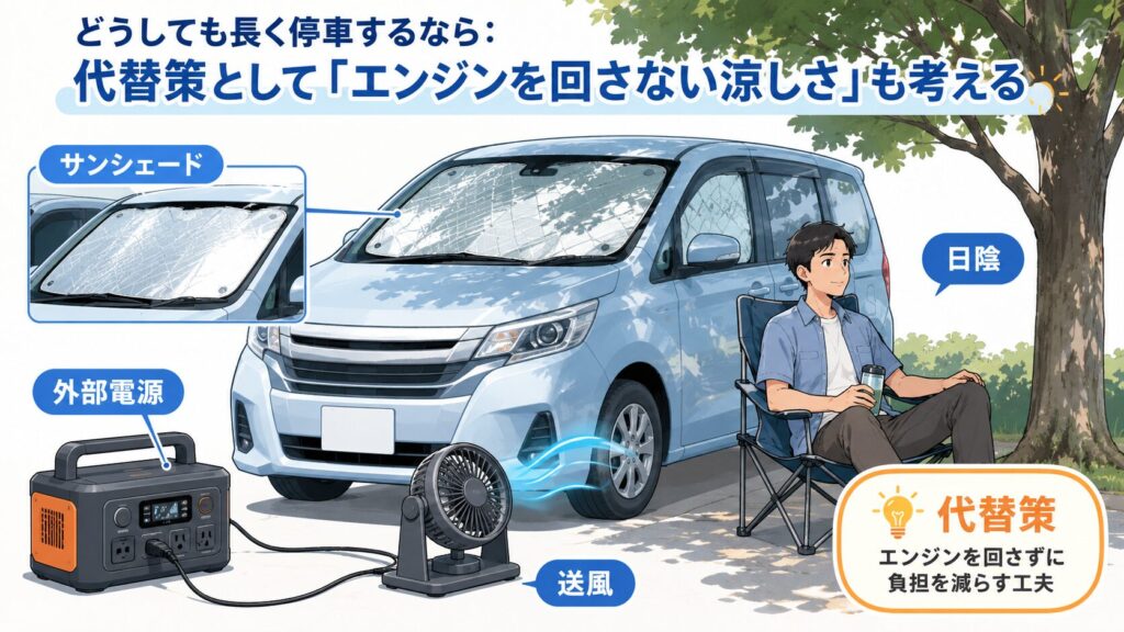 どうしても長く停車するなら：代替策として「エンジンを回さない涼しさ」も考える