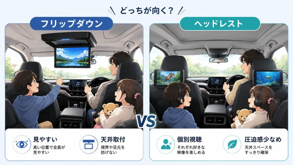 判断早見】フリップダウン vs ヘッドレスト(シートバック)|あなたはどっち?