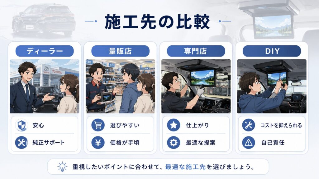 取り付け先(ディーラー/量販店/専門店/DYI)で何が変わる?比較で整理