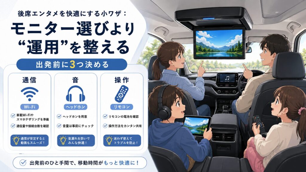 後席エンタメを快適にする小ワザ:モニター選びより“運用”を整える