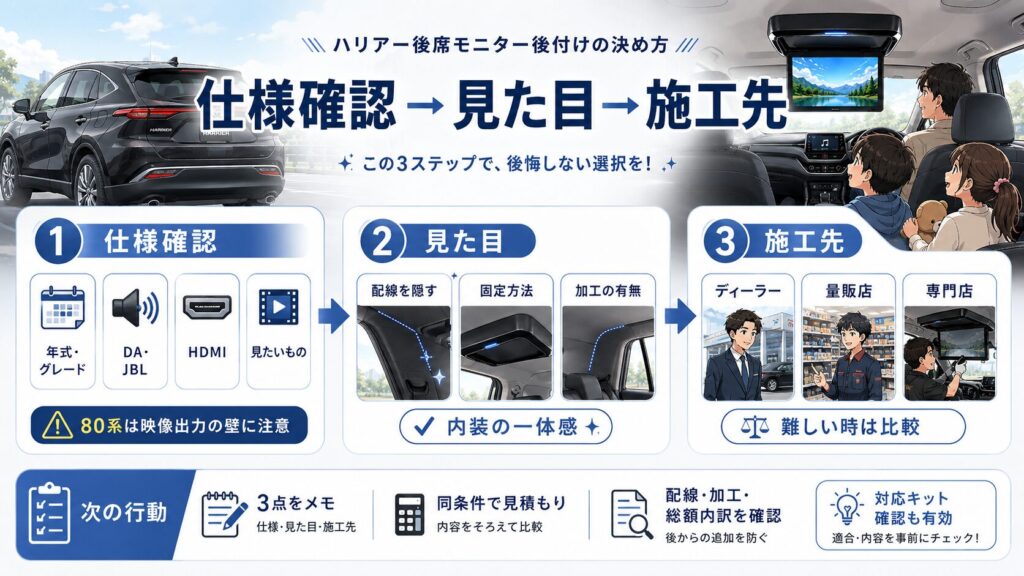 まとめ:ハリアーの後席モニター後付けは「仕様確認→見た目→施工先」の順で決める
