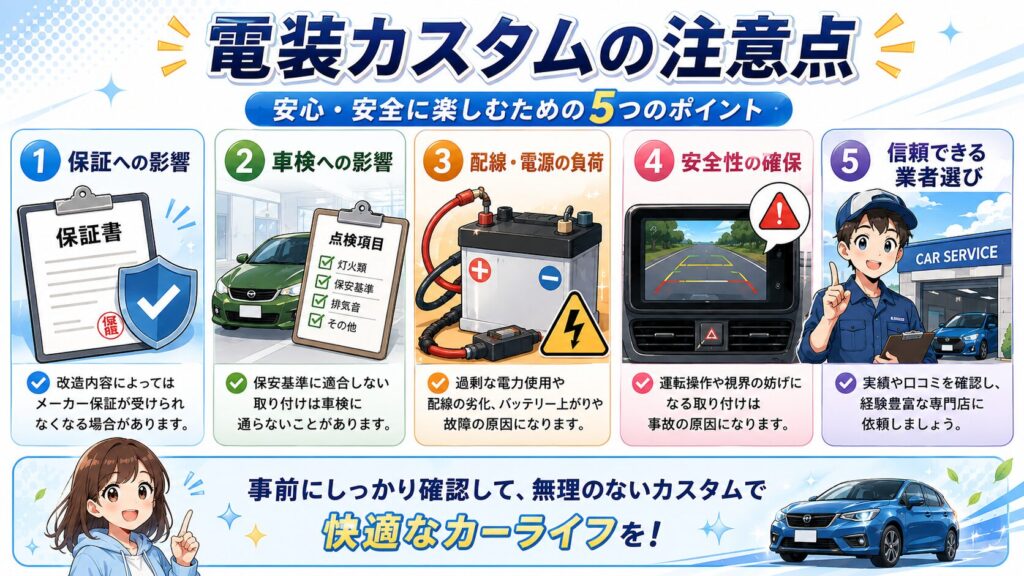 電装カスタムの注意点（保証・車検・安全）