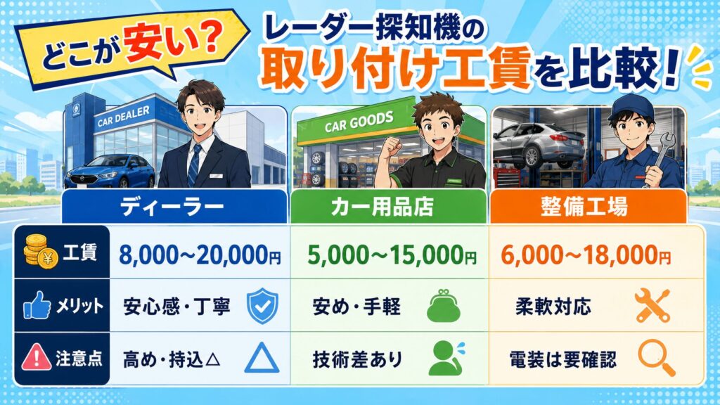 【比較表】レーダー探知機の取り付け工賃はどこが安い？ディーラー・カー用品店・整備工場