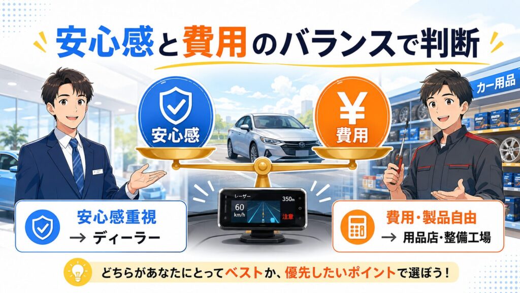 まとめ：レーダー探知機の工賃は、ディーラーの安心感と費用のバランスで判断しよう