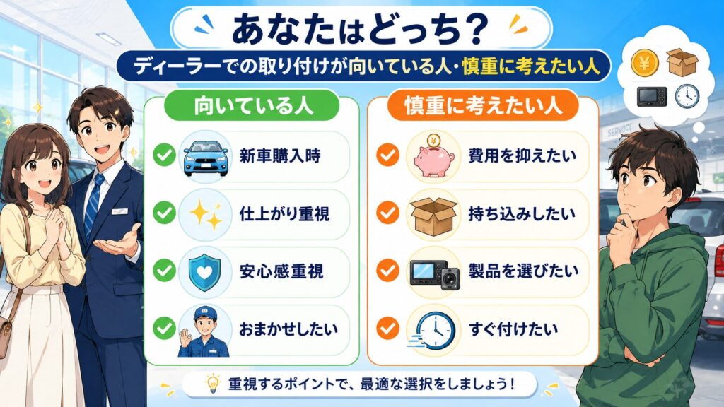 ディーラーでの取り付けが向いている人・慎重に考えたい人