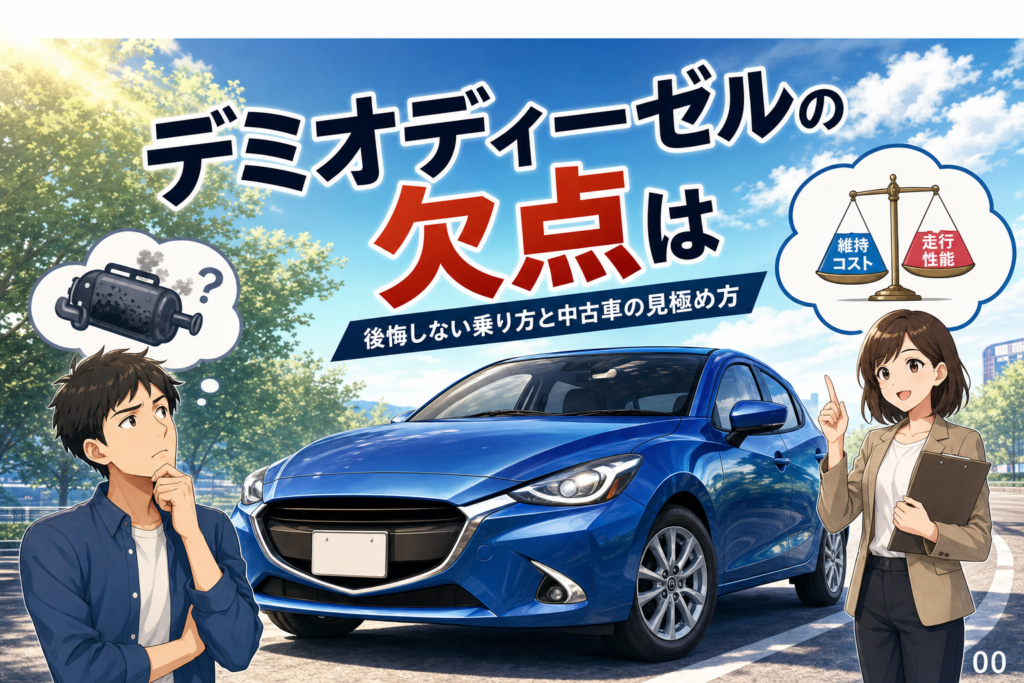 案1 / デミオディーゼルの欠点は？後悔しない乗り方と中古車の見極め方 / 案2 / デミオディーゼルは壊れやすい？短距離通勤と105馬力の実力 / 案3 / デミオディーゼルの欠点を4領域で整理する購入判断チェック
