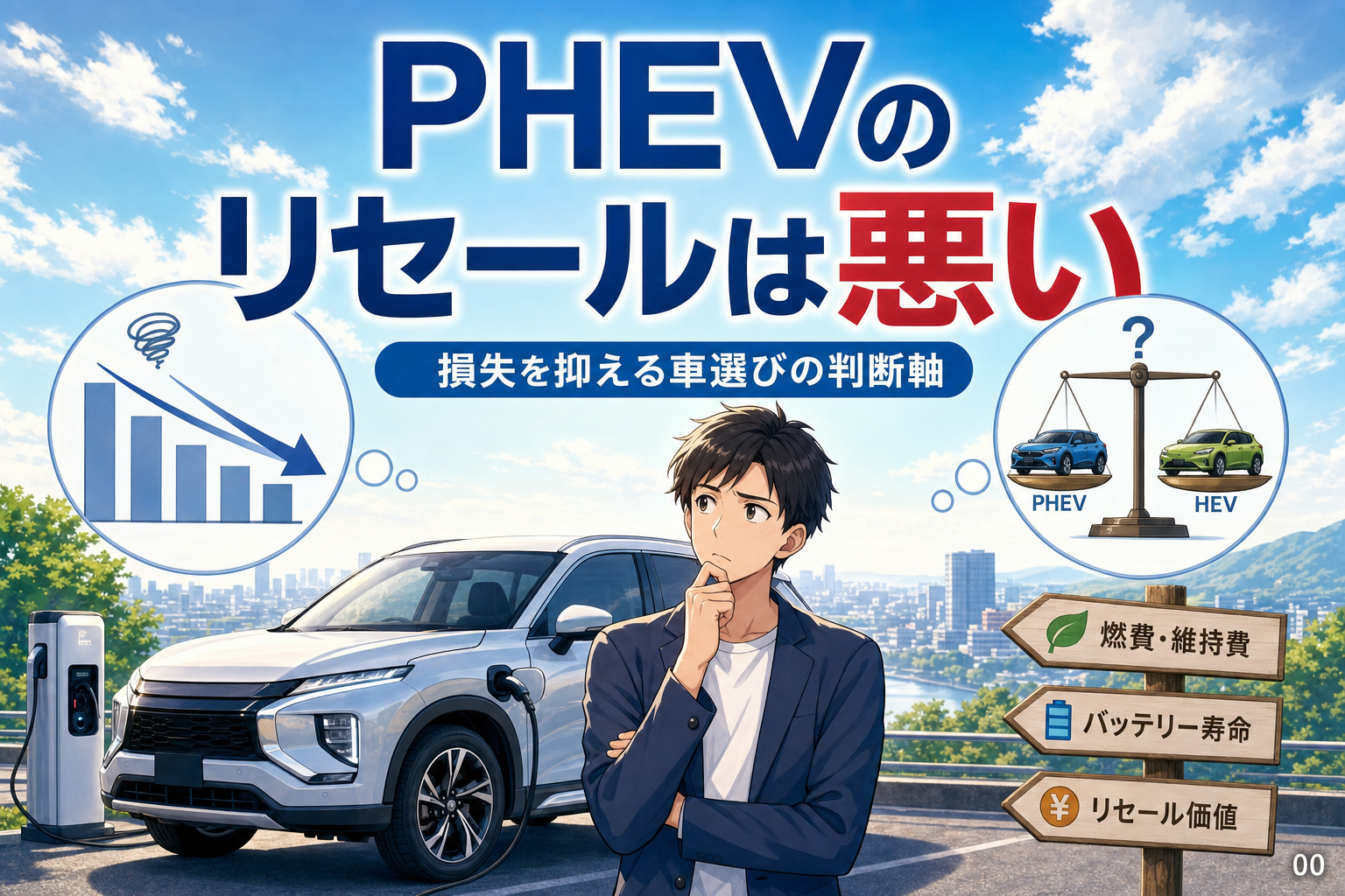 案1 / PHEVのリセールは悪い？損失を抑える車選びの判断軸 / 案2 / PHEVはHEVよりリセールが悪い？5つの理由と見極め方 / 案3 / PHEVの実質負担を比較し後悔しない選び方