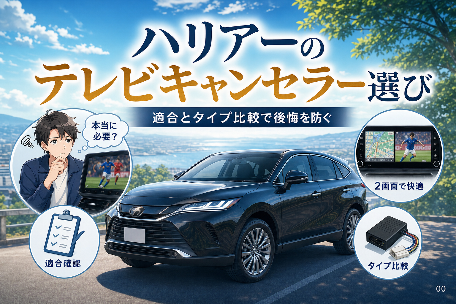 案1 / ハリアーのテレビキャンセラー選び｜適合とタイプ比較で後悔を防ぐ / 案2 / ハリアーのテレビキャンセラーは必要？ナビ操作と2画面の注意点 / 案3 / ハリアーのテレビキャンセラーを安全に選ぶ3つの確認項目