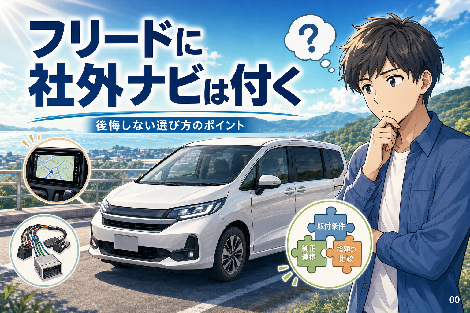 案1 / フリードに社外ナビは付く？総額と純正連携で後悔しない選び方 / 案2 / 現行フリードの社外ナビは加工が必要？取付条件を解説 / 案3 / フリードの社外ナビを3つの基準で選ぶ方法
