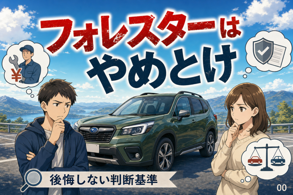 案1 / フォレスターはやめとけ？中古で後悔しない判断基準 / 案2 / フォレスターはやめとけと言われる5つの理由 / 案3 / 中古フォレスターの整備費と保証を見極める方法