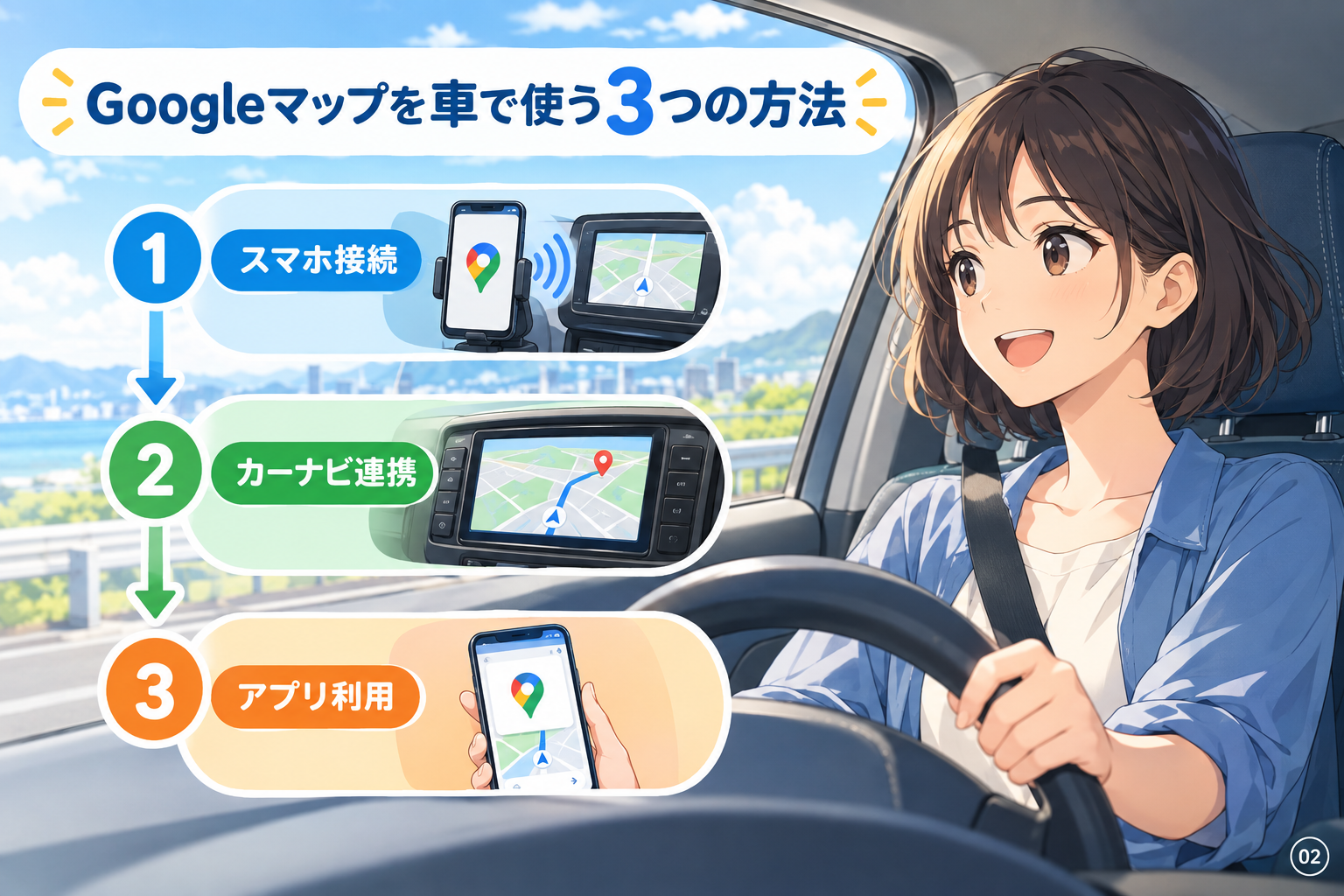Googleマップを車で使う3つの方法